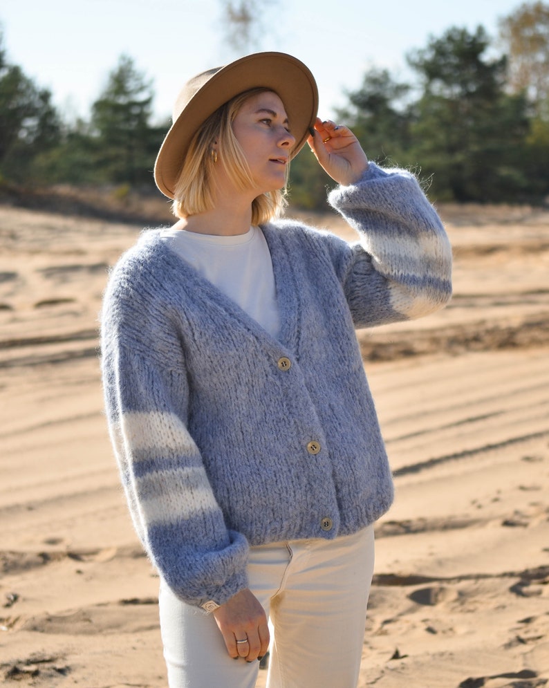 Striped mohair cardigan, handmade v-neck sweater, alpaca pullover Mimosa image 9