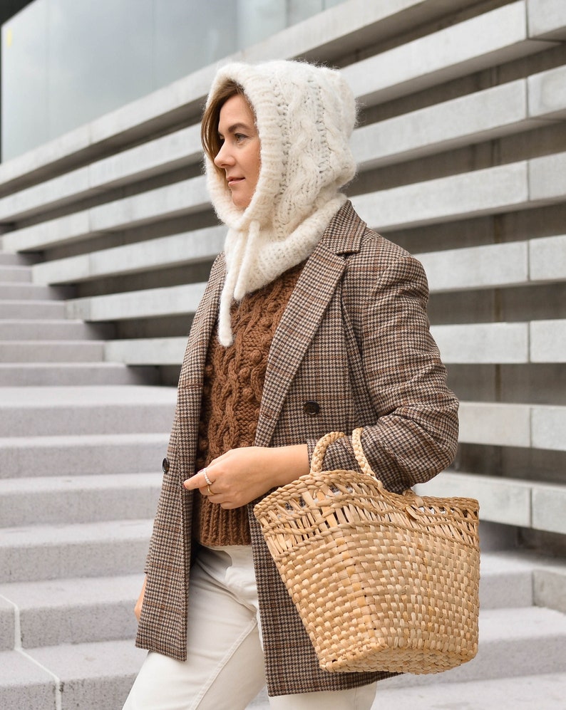 Fluffy chunky knitted wool balaclava hood for women, cable knit warm alpaca helmet, head neck warmer, stylish sustainable valentines gift off white