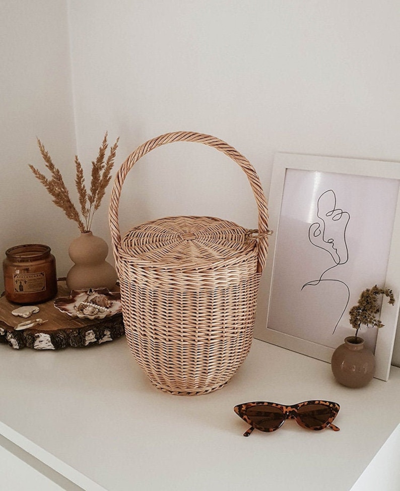 Wicker Basket With Lid Handbag Wicker Bag Summer Bag Beach Etsy