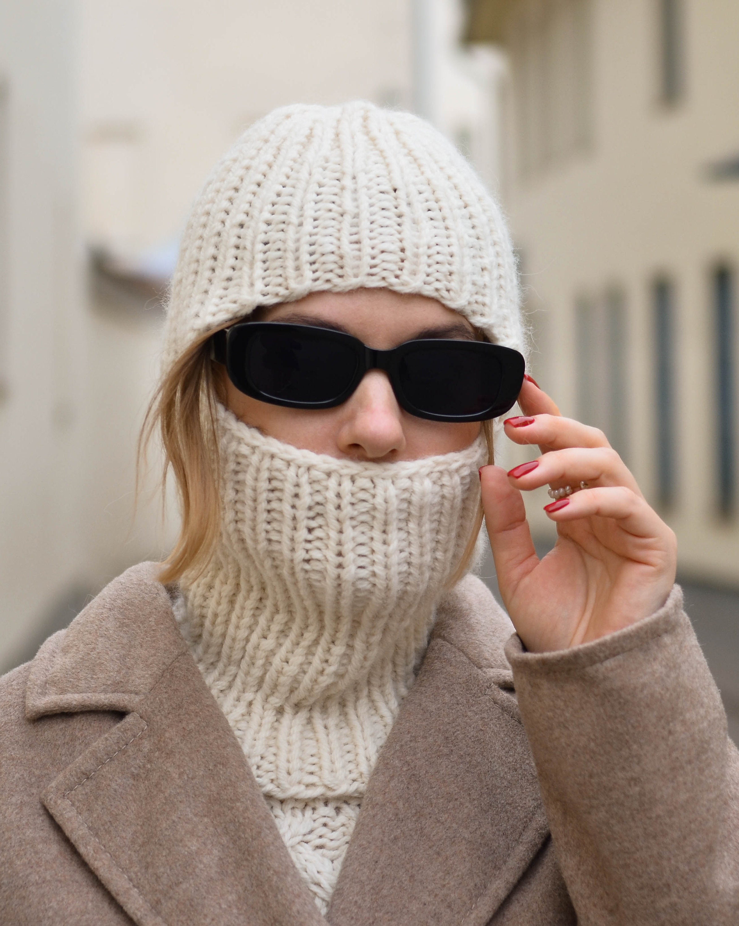 Hand Knit Balaclava グレイッシュベージュ Knit Handmade Wool Ski Mask Balaclava, Unisex Balaclava Hat, Thick
