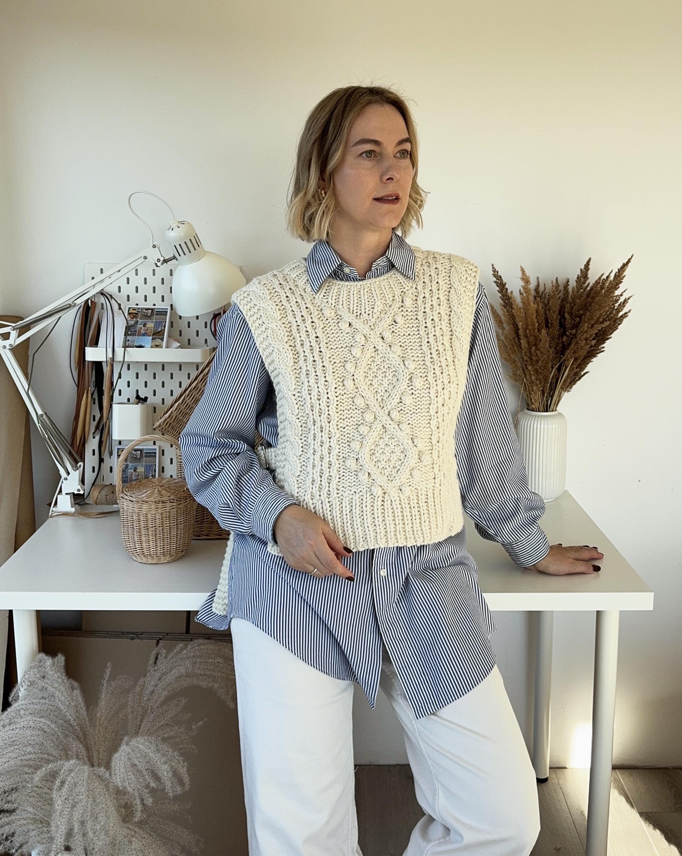 Beige Handmade Cable Knit Wool Sweater Vest for Women