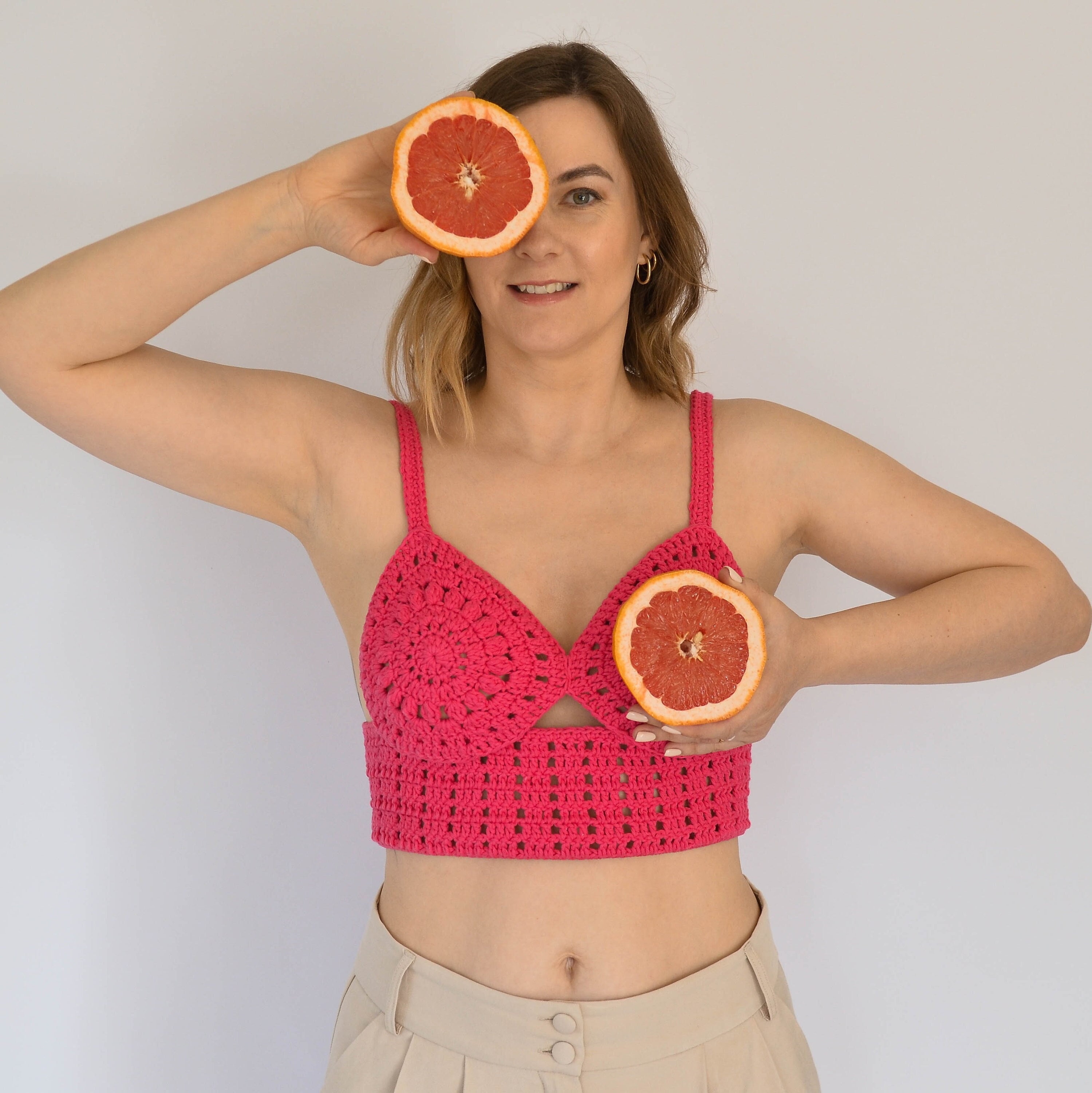 Square Neck Crop Top, Minimal Knit Top, Cropped Yoga Top, Hand Knit, Square  Neckline,sports Knit Bra, Fitted Cotton Bralette in Coral Orange 