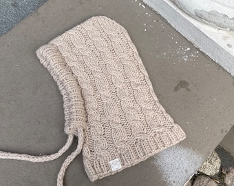 Knitted hood balaclava for women, handmade alpaca wool slouchy helmet, warm cable knit hat, fall winter accessory, cozy Christmas present