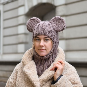 Funny handmade wool balaclava hat with bear ears for women men, socky knitted ski mask, full face cover, stylish helmet, winter clothing