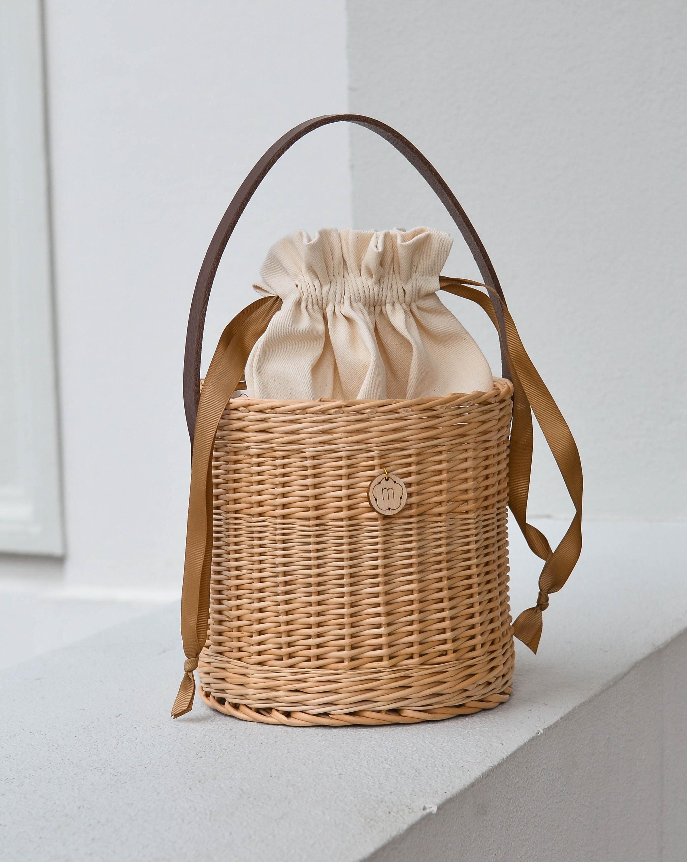 Hand Woven Wicker Bucket Bag With Leather Handle, Straw Round