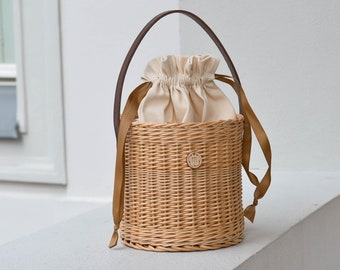 Modern wicker bucket bag with leather handle for women, straw round summer basket, Jane Birkin style, beach vacation tote, unique gift her