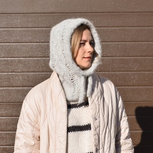 Alpaca wool hand knit balaclava, soft winter hat for women, hooded cowl, oversized helmet, minimalist fall accessory, fluffy christmas gift image 2
