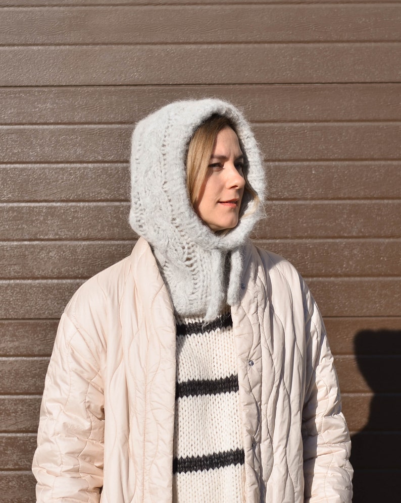 Alpaca wool hand knit balaclava, soft winter hat for women, hooded cowl, oversized helmet, minimalist fall accessory, fluffy christmas gift image 2