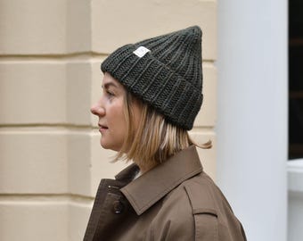 Khaki handmade alpaca wool unisex beanie, trendy knitted fisherman ribbed hat for women and men, nordic sustainable fall winter clothing