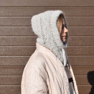 Alpaca wool hand knit balaclava, soft winter hat for women, hooded cowl, oversized helmet, minimalist fall accessory, fluffy christmas gift image 4