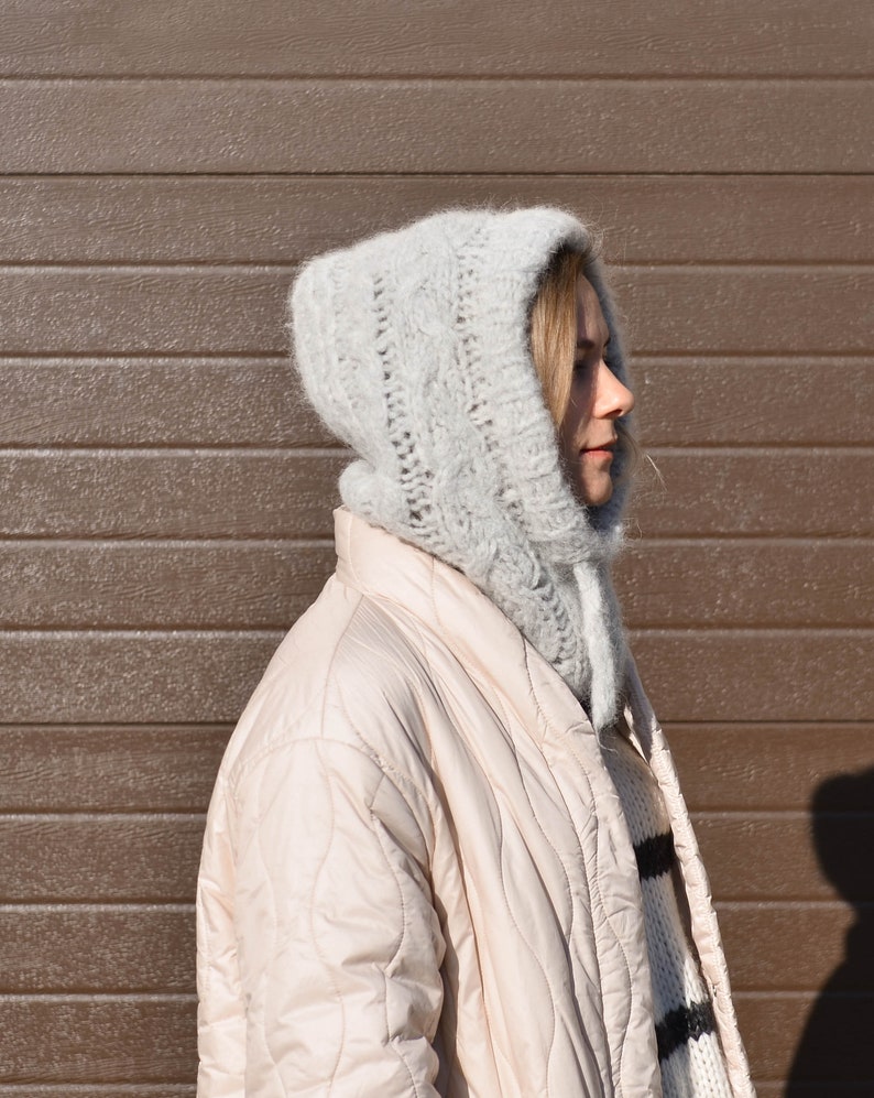 Alpaca wool hand knit balaclava, soft winter hat for women, hooded cowl, oversized helmet, minimalist fall accessory, fluffy christmas gift image 4