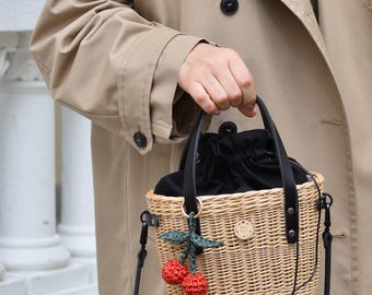 Raffia keychain, handmade cherry bag charm, crochet boho tote basket accessories, summer beach jewelry key ring, unique gift for her, mother