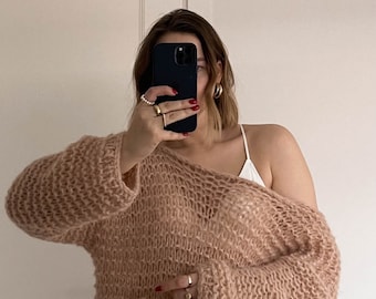 Off shoulder knit fluffy mohair sweater for women men, handmade chunky lightweight pullover, distressed grunge shrug unisex spring clothing