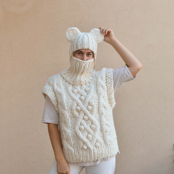 Funny Hand Knitted Wool Balaclava Hoodie With Ears for Women