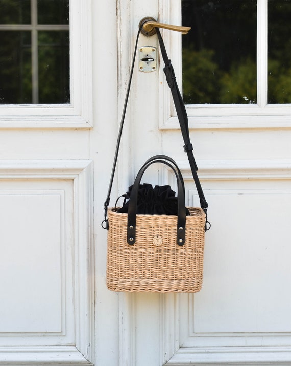 Luxury Wicker Summer Straw Bag With Leather Handles Rectangular Basket Bucket Purse Salvia Etsy Canada