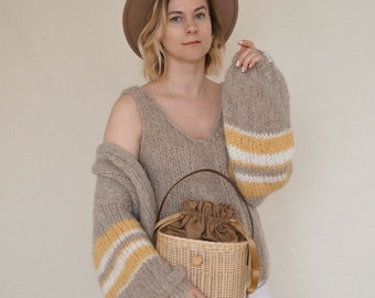 Handmade fuzzy mohair sweater with tank top for women, knitted chunky alpaca striped cardigan with top, fluffy jumper spring loungewear set