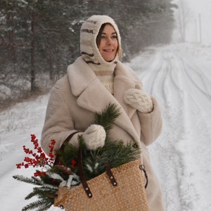 Handmade striped alpaca wool striped balaclava hood for women, knitted warm helmet hat for men, aesthetic minimal winter holiday clothing image 5