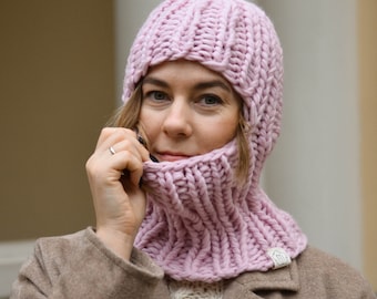 Chunky hand knit wool balaclava hat, socks helmet, fall face cover, winter hood