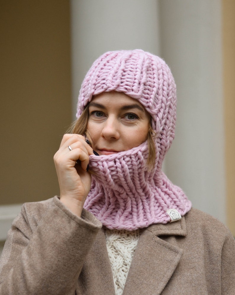 Chunky Hand Knit Wool Balaclava Hat Womens Warm Helmet Fall Etsy