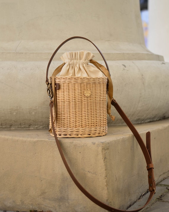 BORSA A MANO Vintage In Vimini Rattan Tessuto Con Stampa Marrone Pelle