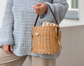 room306♡ Handle Leather Round Basket Bag Modern Wicker Bucket Bag With Leather Handle for Women
