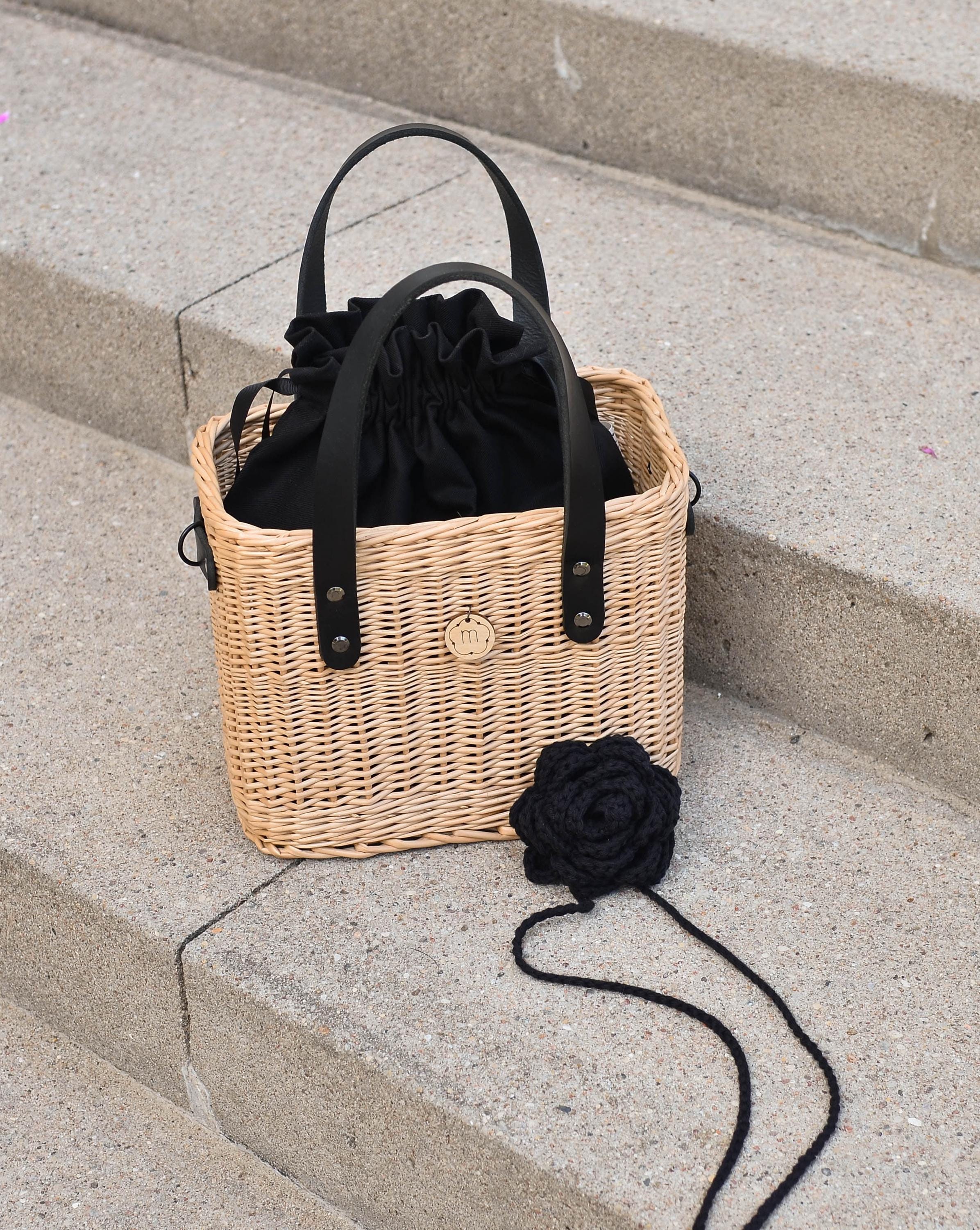 room306★Leather Handle Basket Bag Modern Wicker Bucket Bag With Leather Handle for Women, Straw