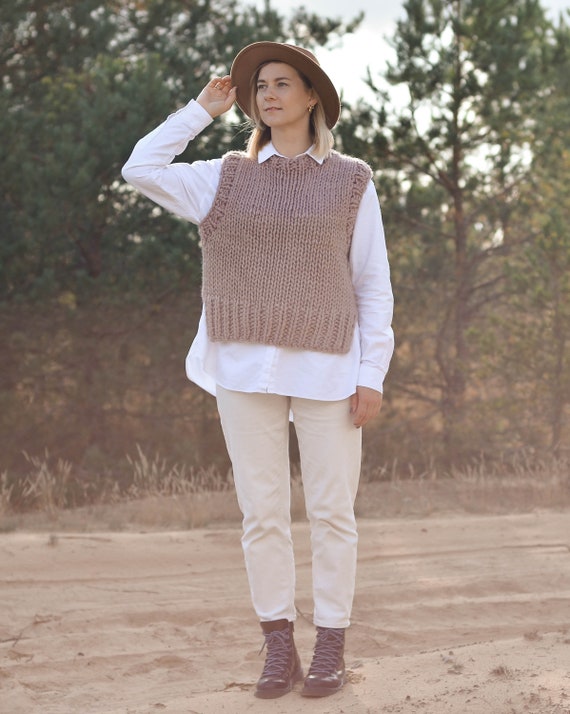 Hand Knit Chunky Wool Sweater Vest Women, Handmade Loose Gilet