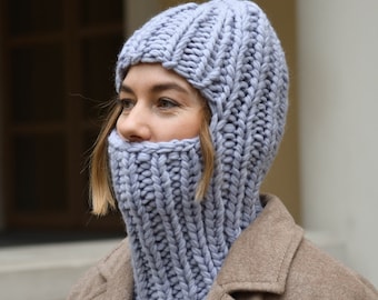 Chunky hand knit wool blue balaclava hat for women, handmade colourful warm helmet, winter hood with ears, cozy face neck warmer for men
