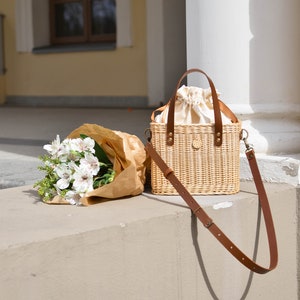 Summer wicker bucket basket with leather handles for women, unique straw festival handbag, hand woven rectangular beach tote, long strap