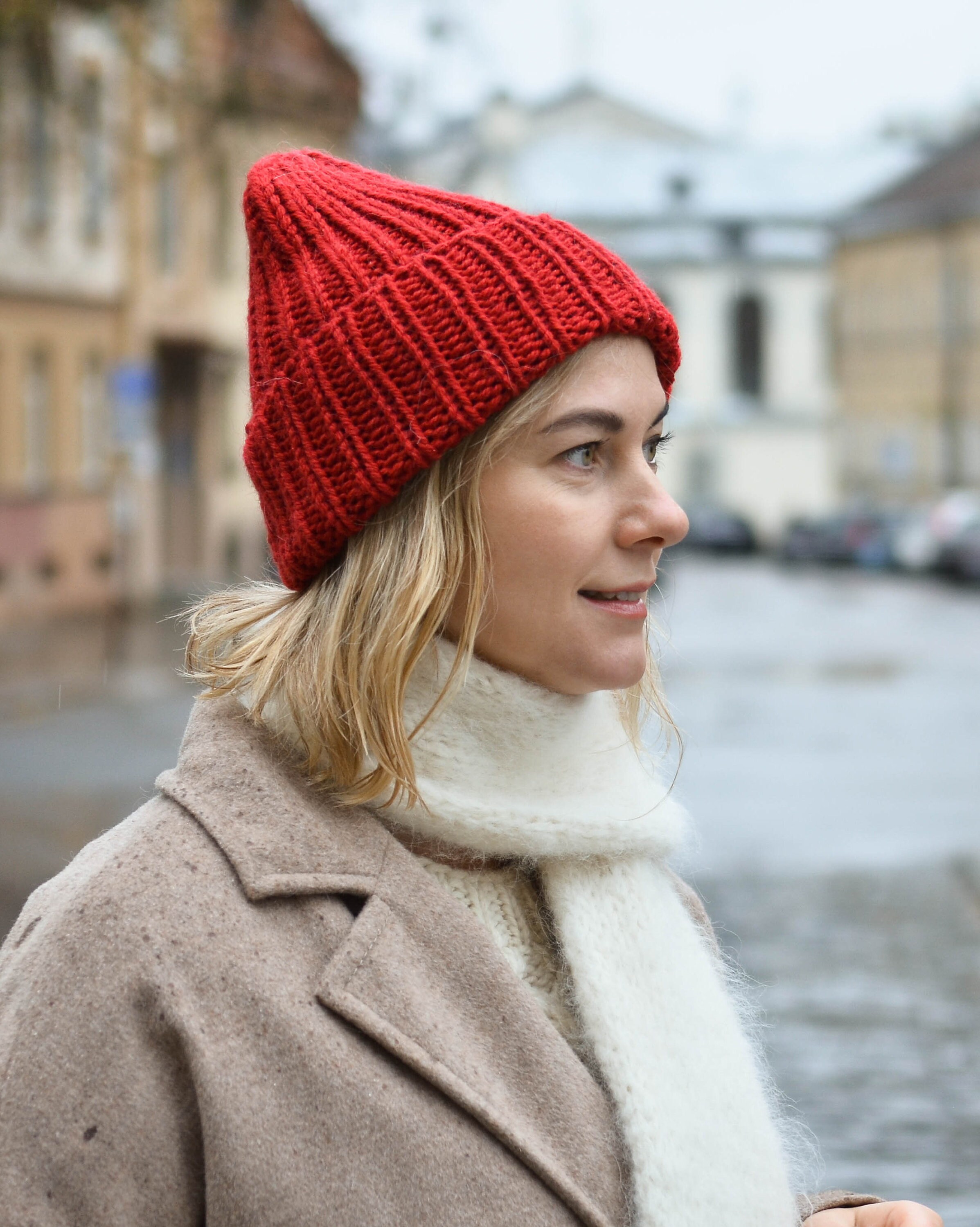 Handknit Fisherman Ribbed Alpaca Wool Beanie Hat for Women 