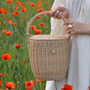 Straw large Jane Birkin basket with lid, hand crafted wicker bag, picnic summer vacation beach tote, modern french market shopper image 14