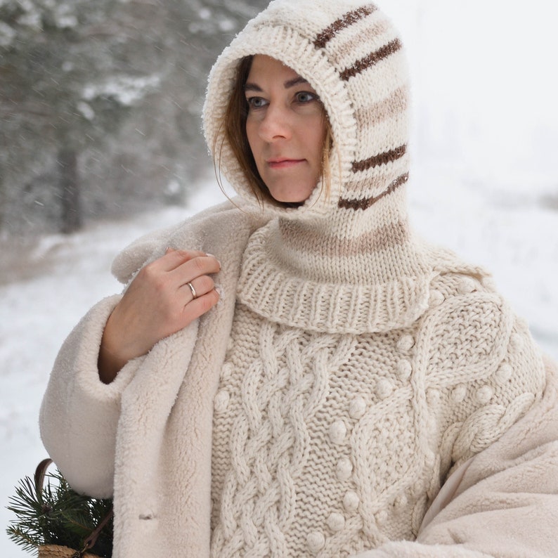 Handmade striped alpaca wool striped balaclava hood for women, knitted warm helmet hat for men, aesthetic minimal winter holiday clothing image 1