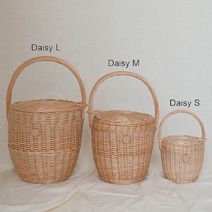 May include: Three light brown woven wicker baskets, labelled "Daisy L", "Daisy M", and "Daisy S". Each basket has a lid and a handle. The baskets are different sizes and sit on a neutral background.