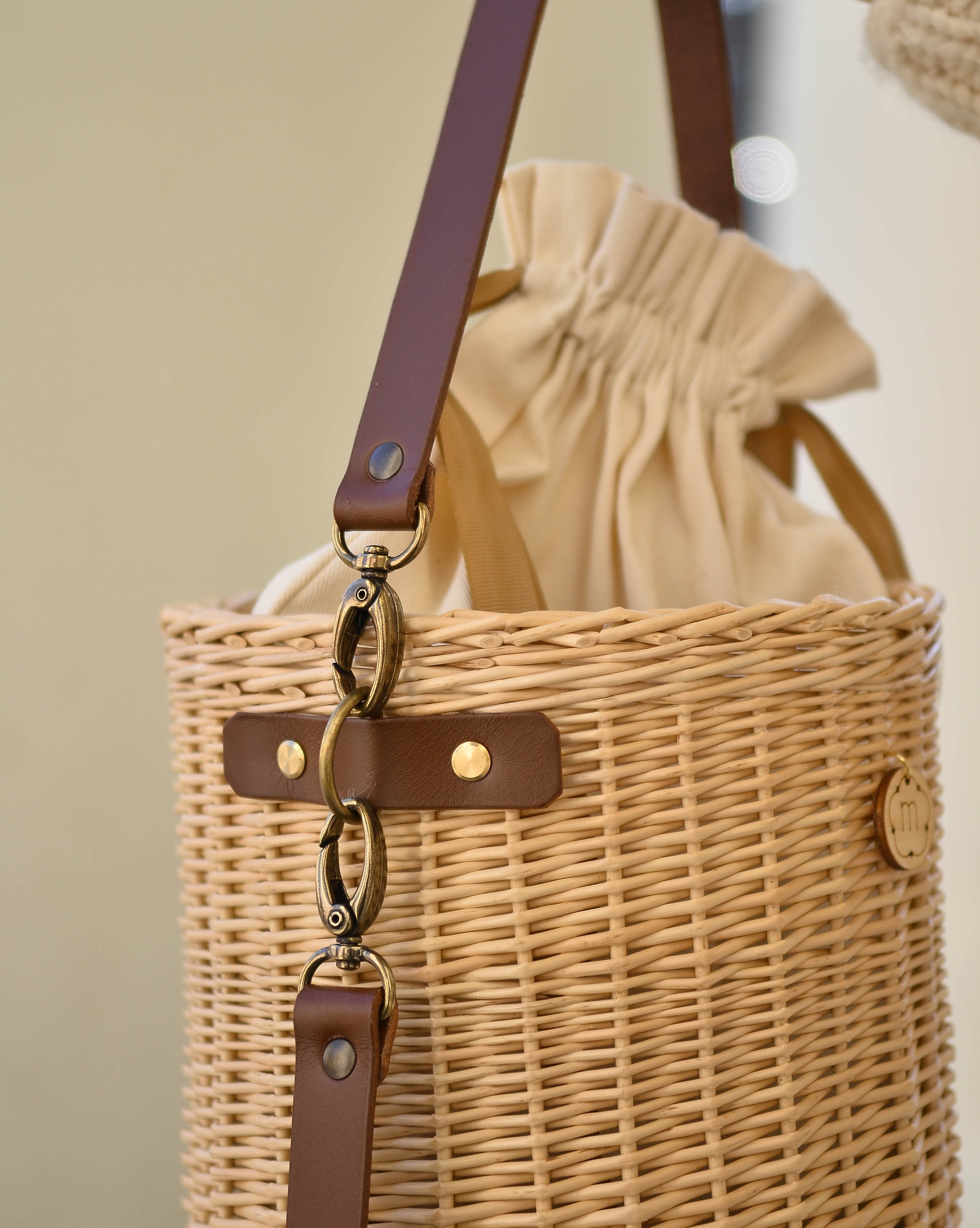 room306♡ Handle Leather Round Basket Bag Wicker Luxury Crossbody Bucket Bag With Leather Handles and