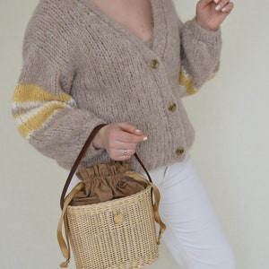 Straw bucket bag, wicker summer bag, beach bag, leather strap, straw purse, woven bag, Pansy No.2 image 9