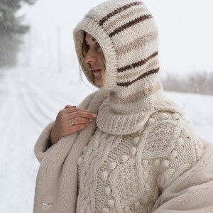 Handmade striped alpaca wool striped balaclava hood for women, knitted warm helmet hat for men, aesthetic minimal winter holiday clothing image 8