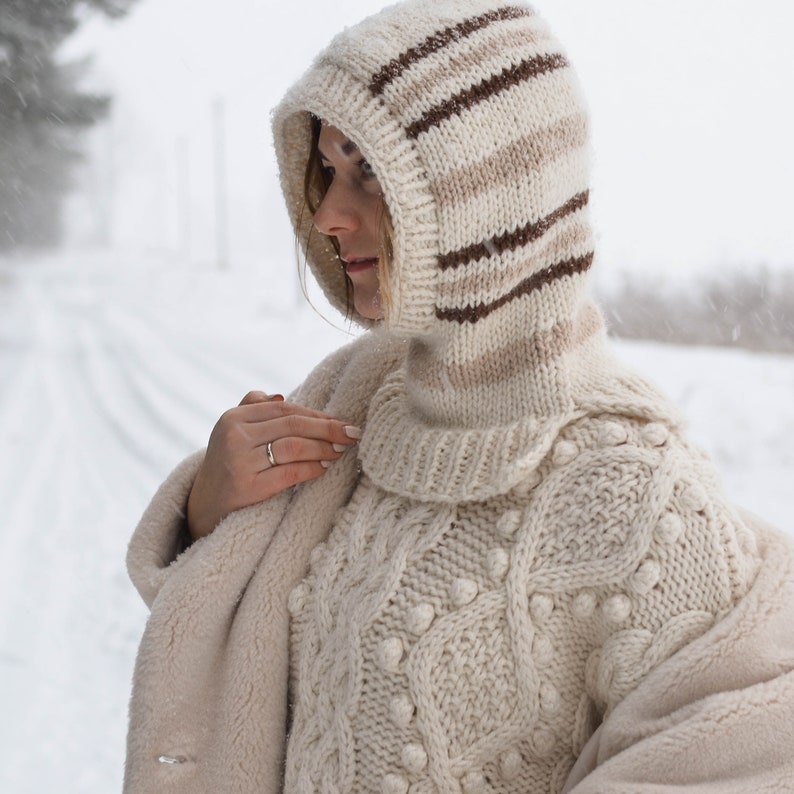 Handmade striped alpaca wool striped balaclava hood for women, knitted warm helmet hat for men, aesthetic minimal winter holiday clothing image 8