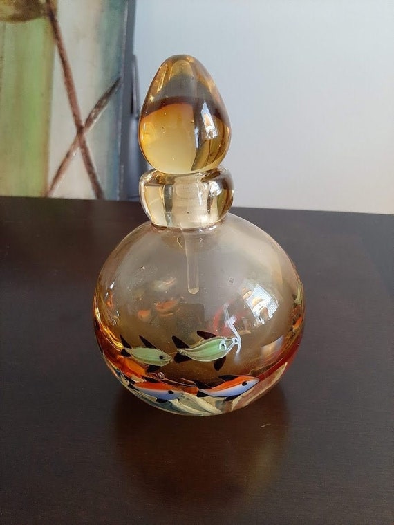 Vintage Amber Murano Perfume Bottle - Handpainted Fish Motif