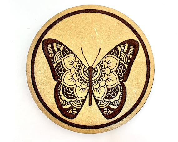 Drink Coasters - Butterfly Flower Mandala Wood Drink Coaster Set Home Decor Unique Gifts Housewarming Gift