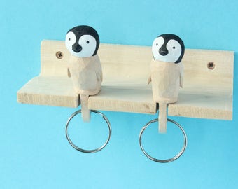 penguin chicks, key holder for wall, penguin hook, carved wooden figure, unique piece, key hanger couples