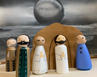 Easter Crèche, LARGE SIZE 3 1/2 inch Pegs Resurrection Peg Doll Set-All wood including Tomb of Jesus-Montessori-Quiet Play-Baby-Preschool