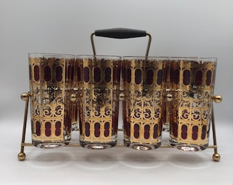 Fabulous Culver Azure Cranberry Scroll Collins Glasses with Caddy, Eight Glass Set, Culver Tumbles with Caddy
