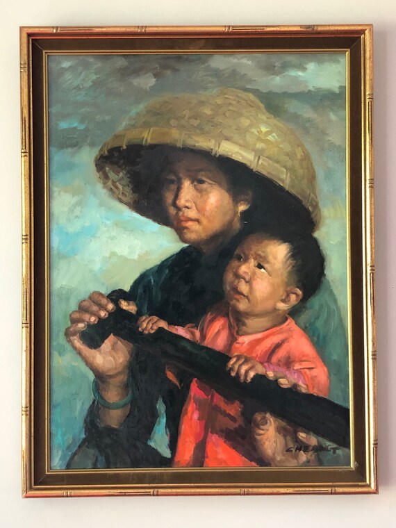 Original H. Cheang Oil on Canvas Chinese Painting of Mother