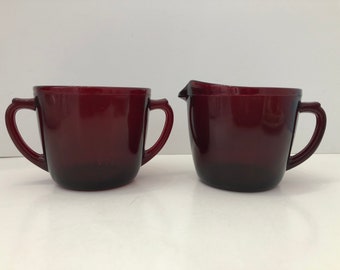 Vintage Anchor Hocking Ruby Red Cream & Sugar Bowl Set