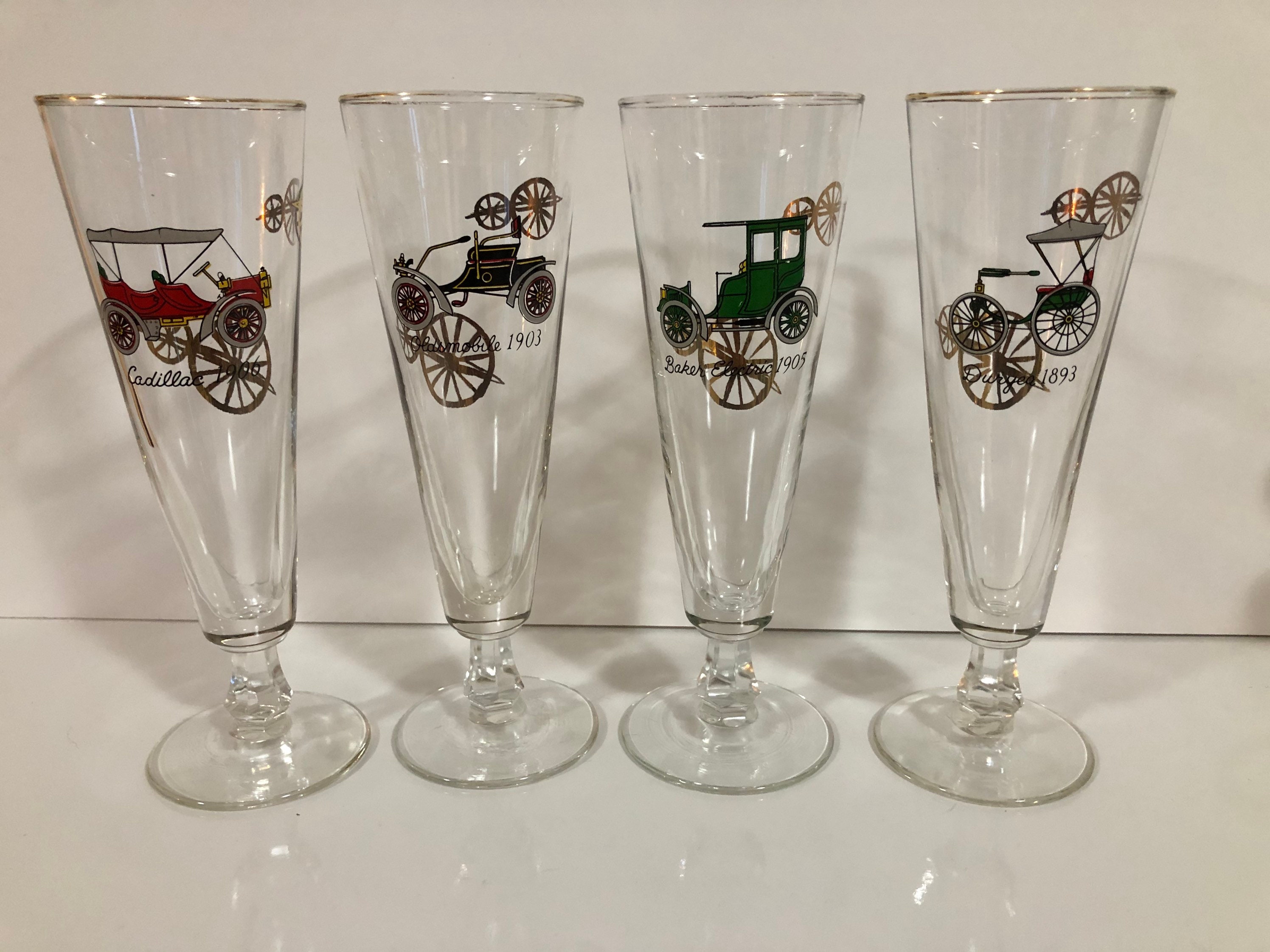 Vintage Cars Pilsner Beer Glasses, Set of Four Antique Car Pilsner Glasses  