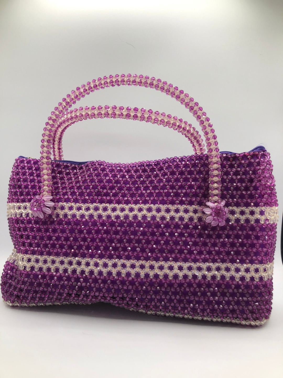 Sparkling Handmade Beaded Purse, Kitschy Fun Summer Bag in Purple
