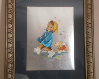 Mabel Lucie Attwell Framed Foil Picture Girl Walking in the Rain With Puppy,  Dufex Foil Print