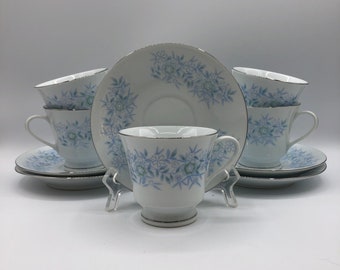 Pretty Blue Flowered Tea Cups with Saucers, Set of 5, Made in China