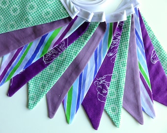 Purple and Green Fabric Bunting, Stripes and Florals, Nursery Decor, Party Decor, Photo Prop, Wedding Banner