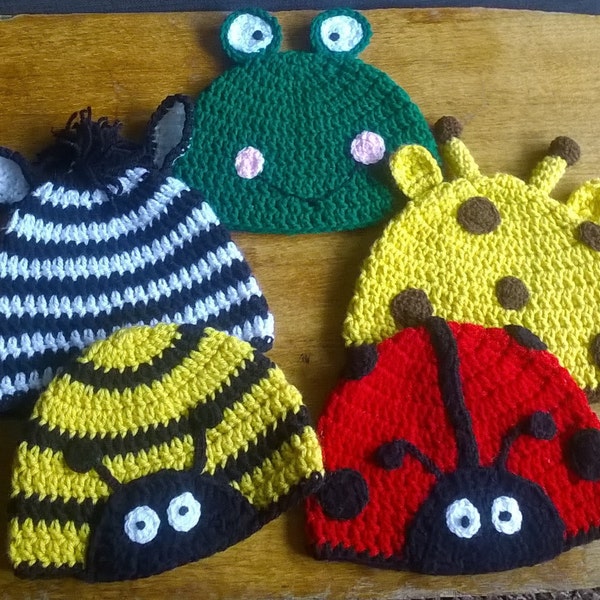 Crocheted animal hats- Zebra, Giraffe, Ladybird, Frog, Bumblebee